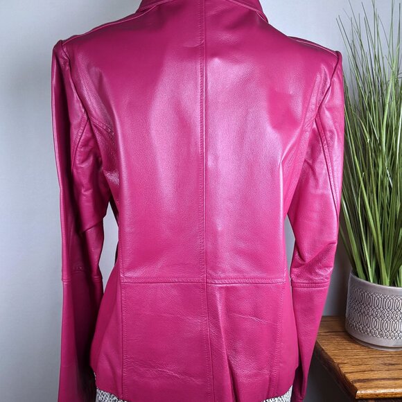 Chadwick's Leather Jacket Pink Magenta Buttons Pockets Lined Size 12 NWOT - Picture 4 of 9